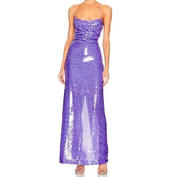 Sabina Musayev Women Small Purple Sequin Criss Cross Back Mili Maxi Dress